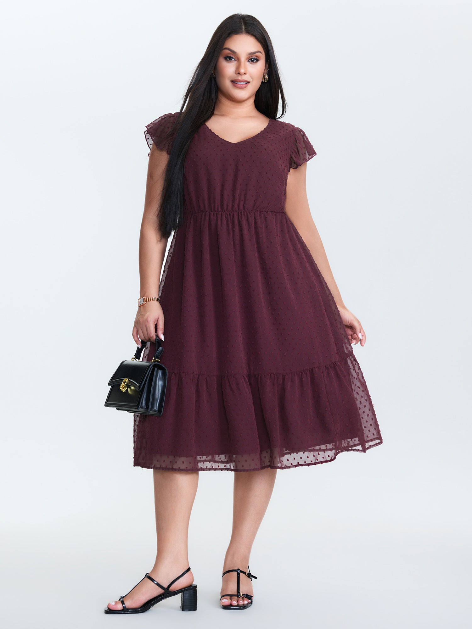 Textured Chiffon Flutter Sleeve Midi Dress