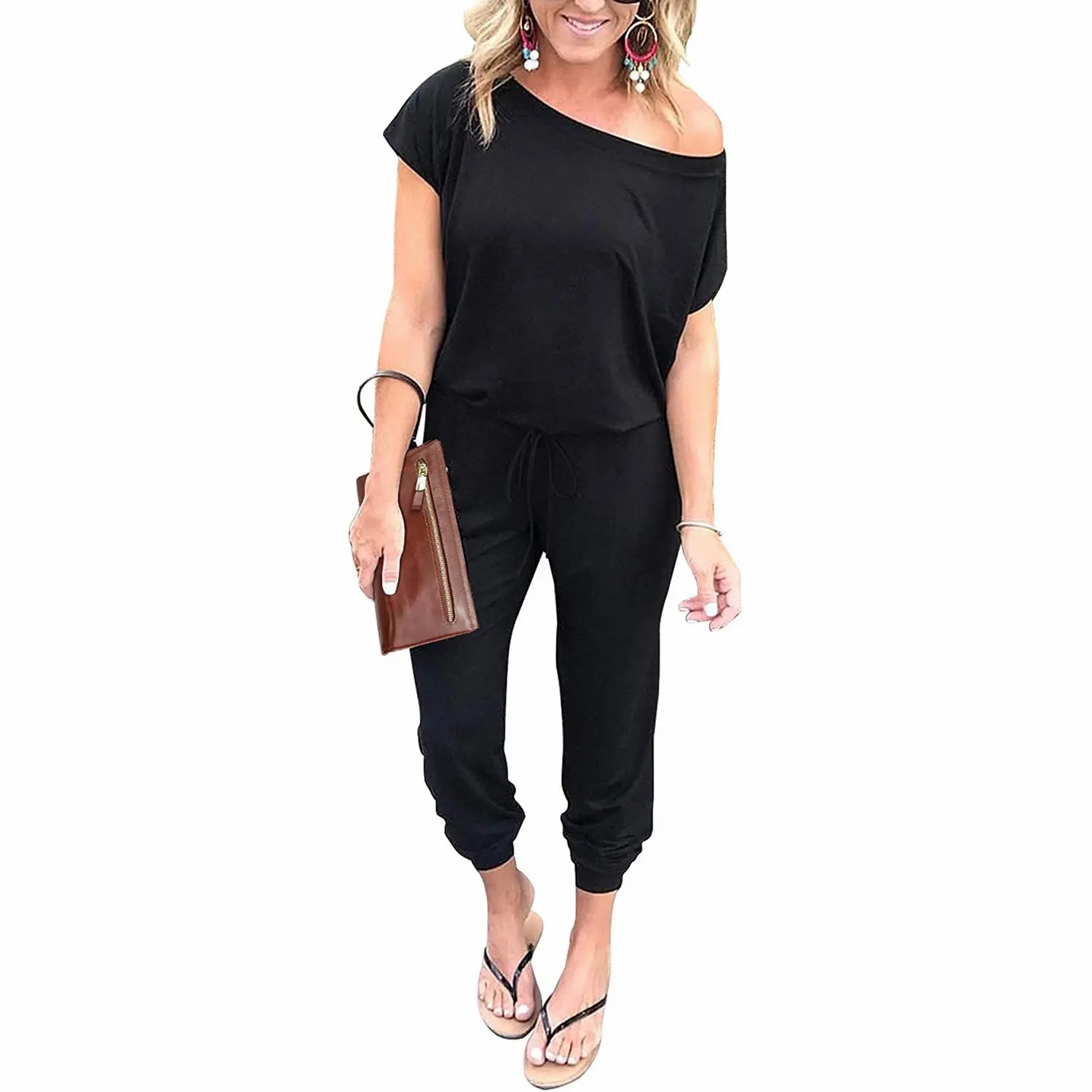 Women's Off-Shoulder Elastic Waist Jumpsuit – Lightweight Casual Romper