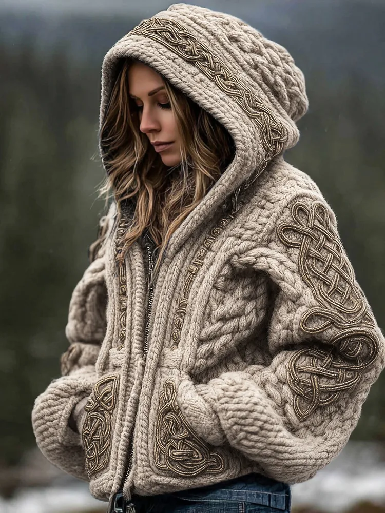 Women's Viking Celtic Knot Cozy Warm Knit Full Zip Hooded Sweater