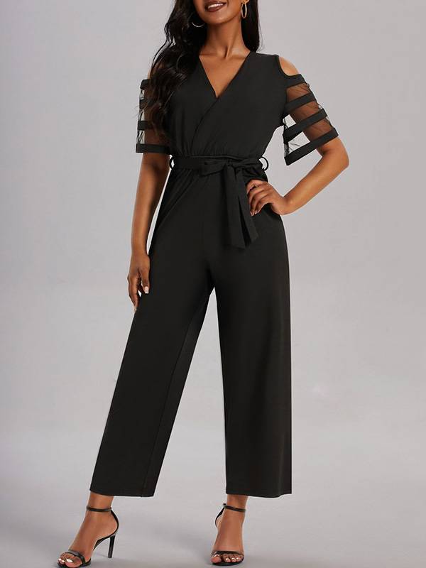 Hollow Mesh Solid Color Tied Waist High Waisted Loose V-Neck Jumpsuits