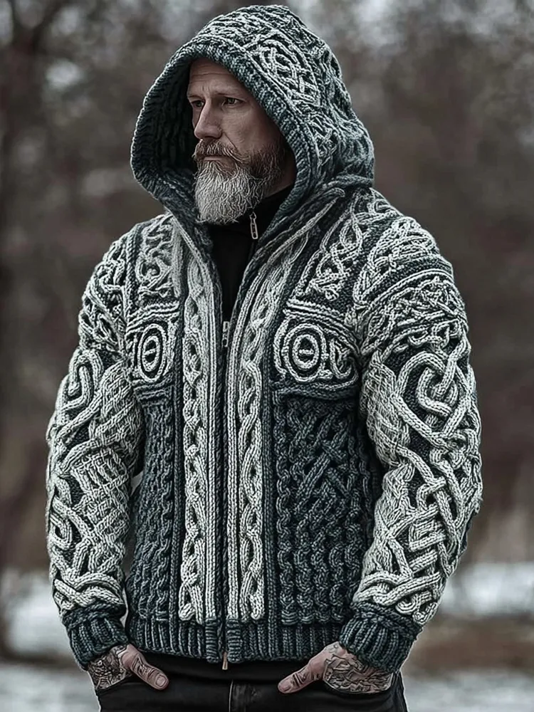 Men's Viking Inspired Celtic Zip Up Knit Hooded Cardigan