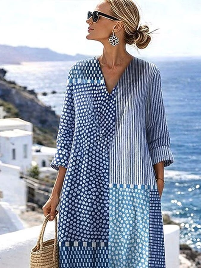 Women's Casual Cotton and Linen Geometric Pattern Printed Loose Short Sleeve Dress- Fast Shipping