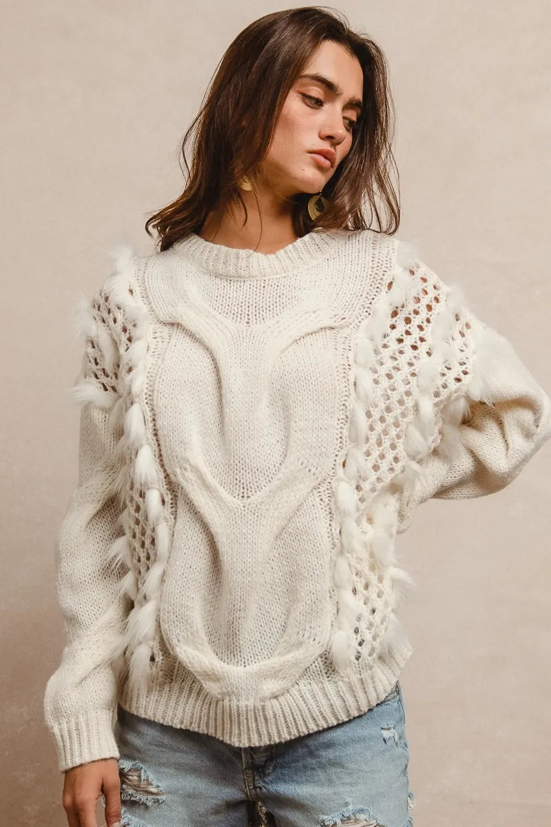 Faux Fur Detailed Pointelle Cable Knit Sweater
