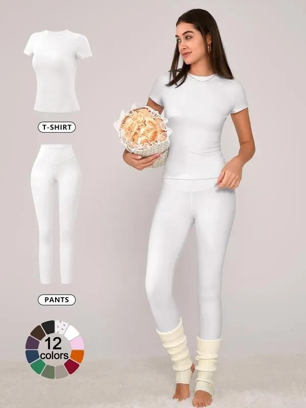 Women's Solid Short Sleeve Tee & Leggings Loungewear, Casual Comfy Round Neck Top & Skinny Pants PJ Set