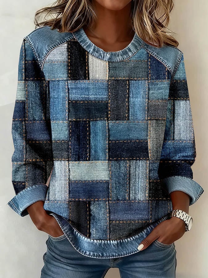Women'S Casual Round Neck Denim Patchwork Pullover Sweatshirt