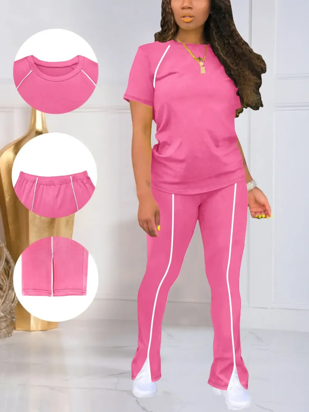 Women's Summer Round Neck Short Sleeve Fitted Pants Set Outfit, Classic Solid Color Casual Wear Lightweight Clothes