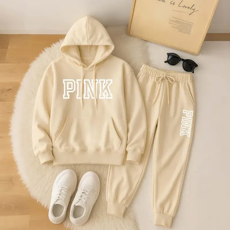 Women's Pink Print Hoodie And Drawstring Track Pants Set, Casual Sportswear