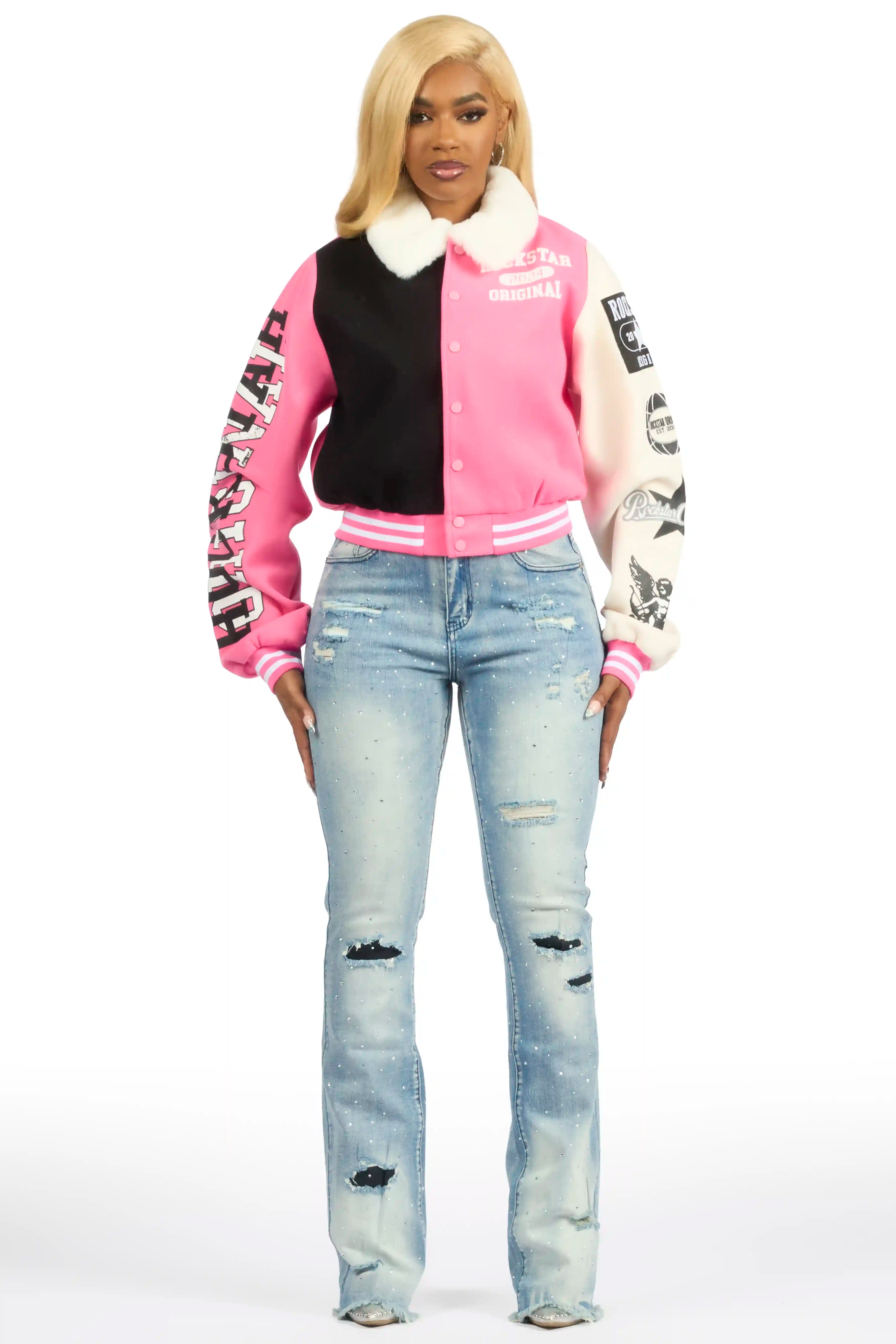 Kisha Pink/Black/White Fur Collar Varsity Jacket
