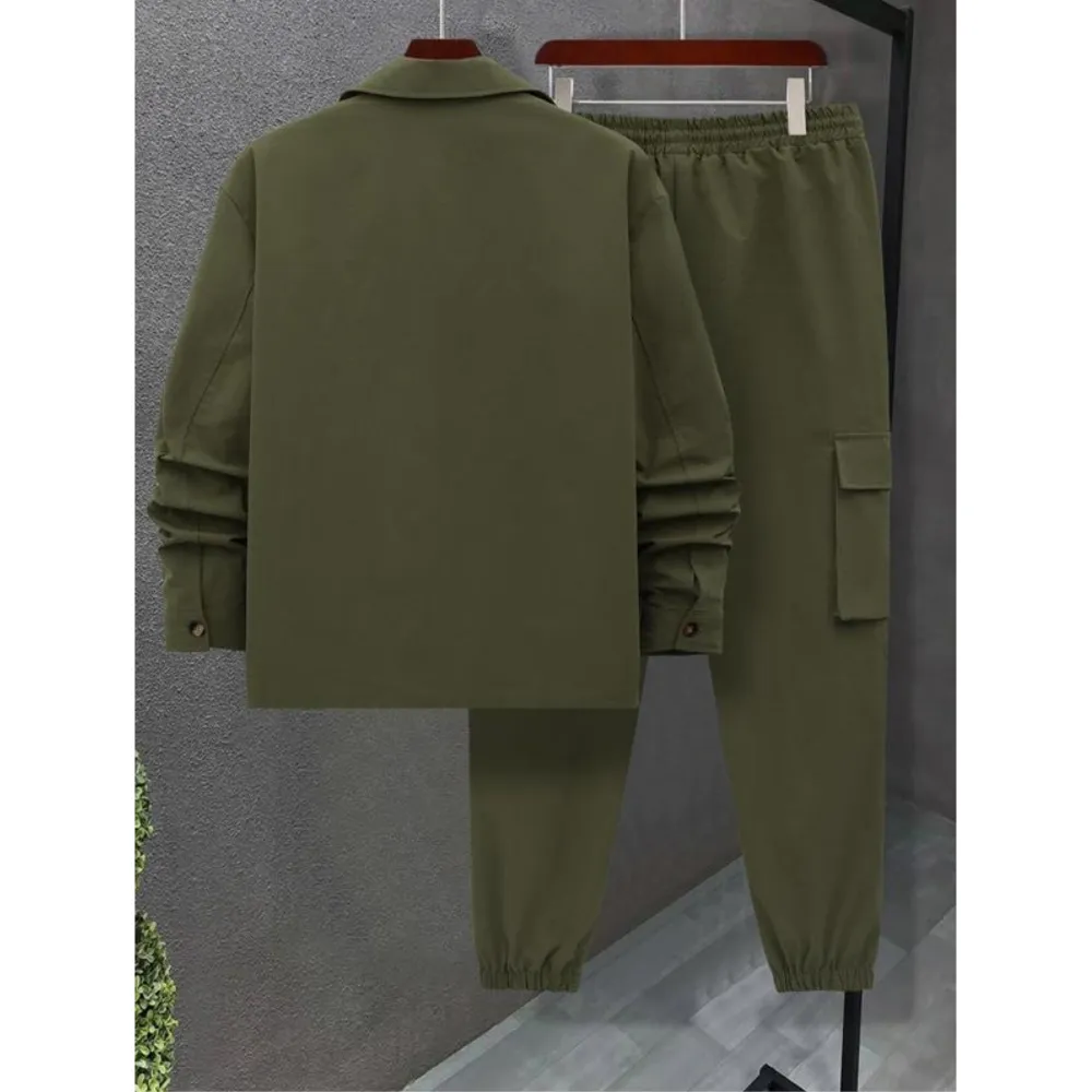Men's Solid Color Pocket Button Front Jackets & Pants Two-Piece Set