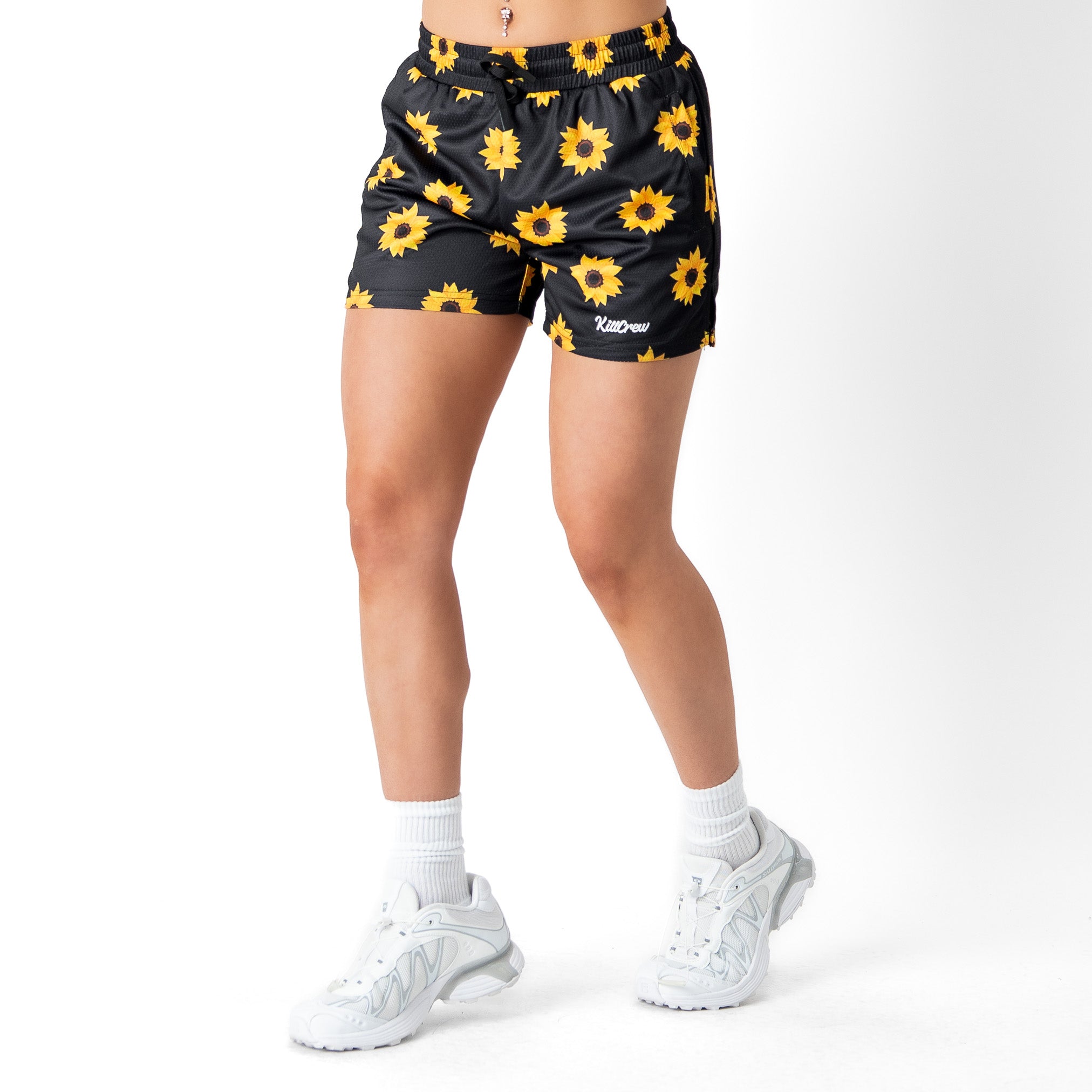 MUAY THAI SHORTS (MID THIGH CUT) SUNFLOWER - BLACK
