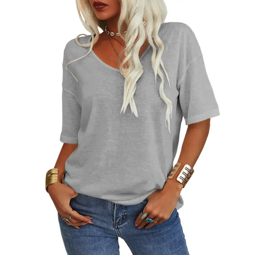 Women Soft V Neck Tshirt Half Sleeve Lightweight Solid Color Loose Fit Minimalist Top