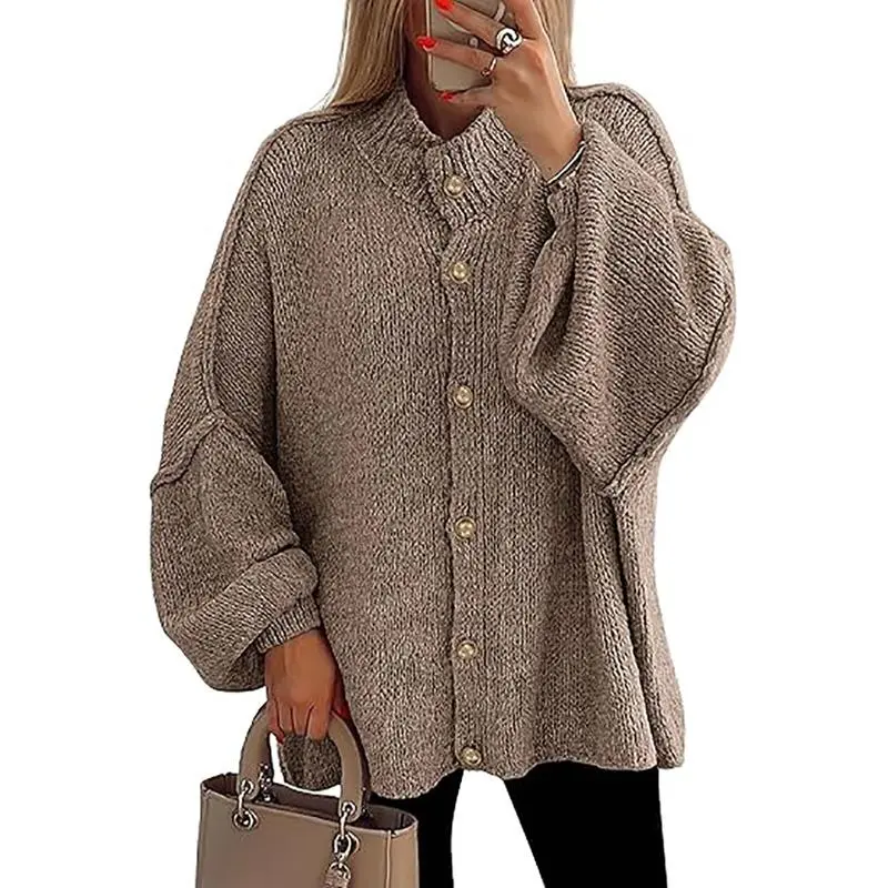 Women's Winter Button Down Cardigan Sweaters Mock Neck Lantern Long Sleeve Chunky Knit Jacket Trendy Outerwear