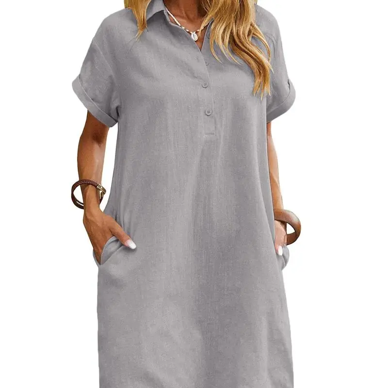 Womens Cotton Shirt Dress Summer Casual Short Sleeve Button Down Beach Cover Up Shirts with Pockets