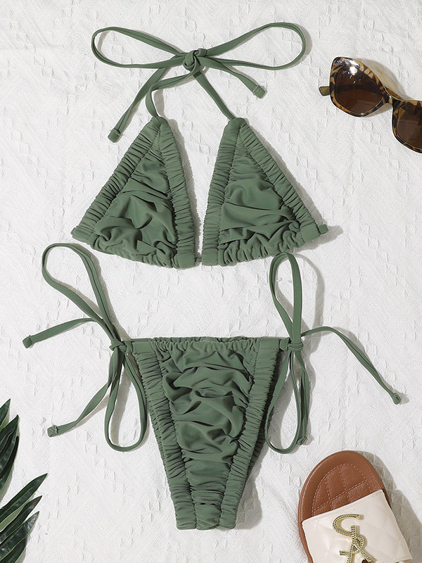 Strapless Ruffled Padded Triangles Brazilian Halterneck Bikini Swimwear