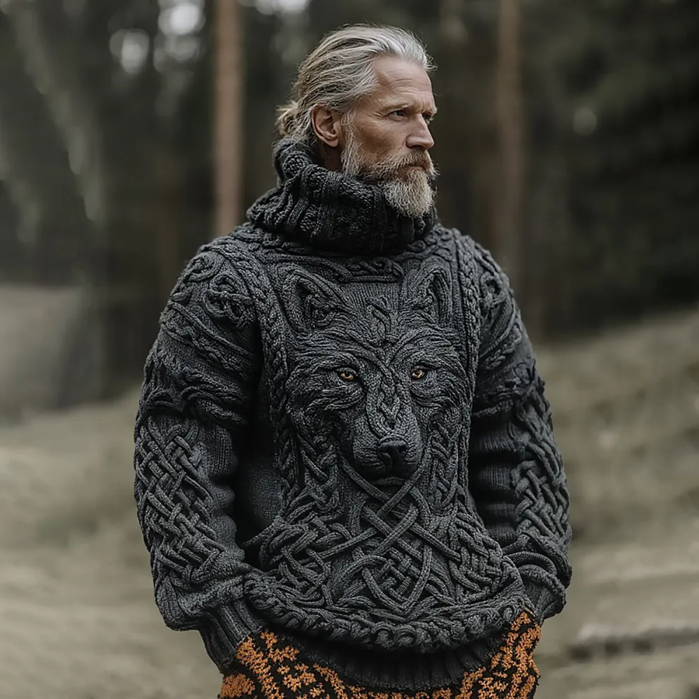 Men's Vintage Viking Wolf Pattern Knit Turtleneck Pullover Sweater