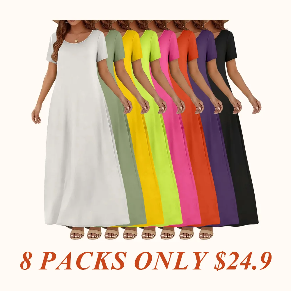 Women's Casual Commuter Plain Minimalist Short Sleeve Dress with Pockets, Loose Fit Summer & Fall, Essential Beachwear