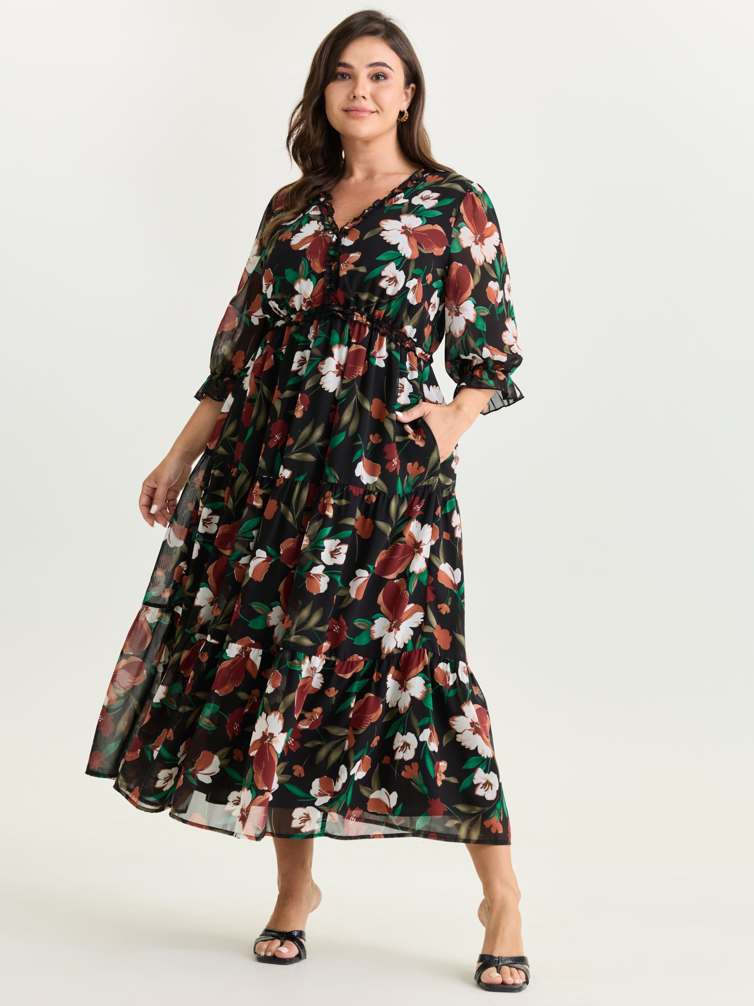 Romantic Floral Print Ruffled Edge Maxi Dress