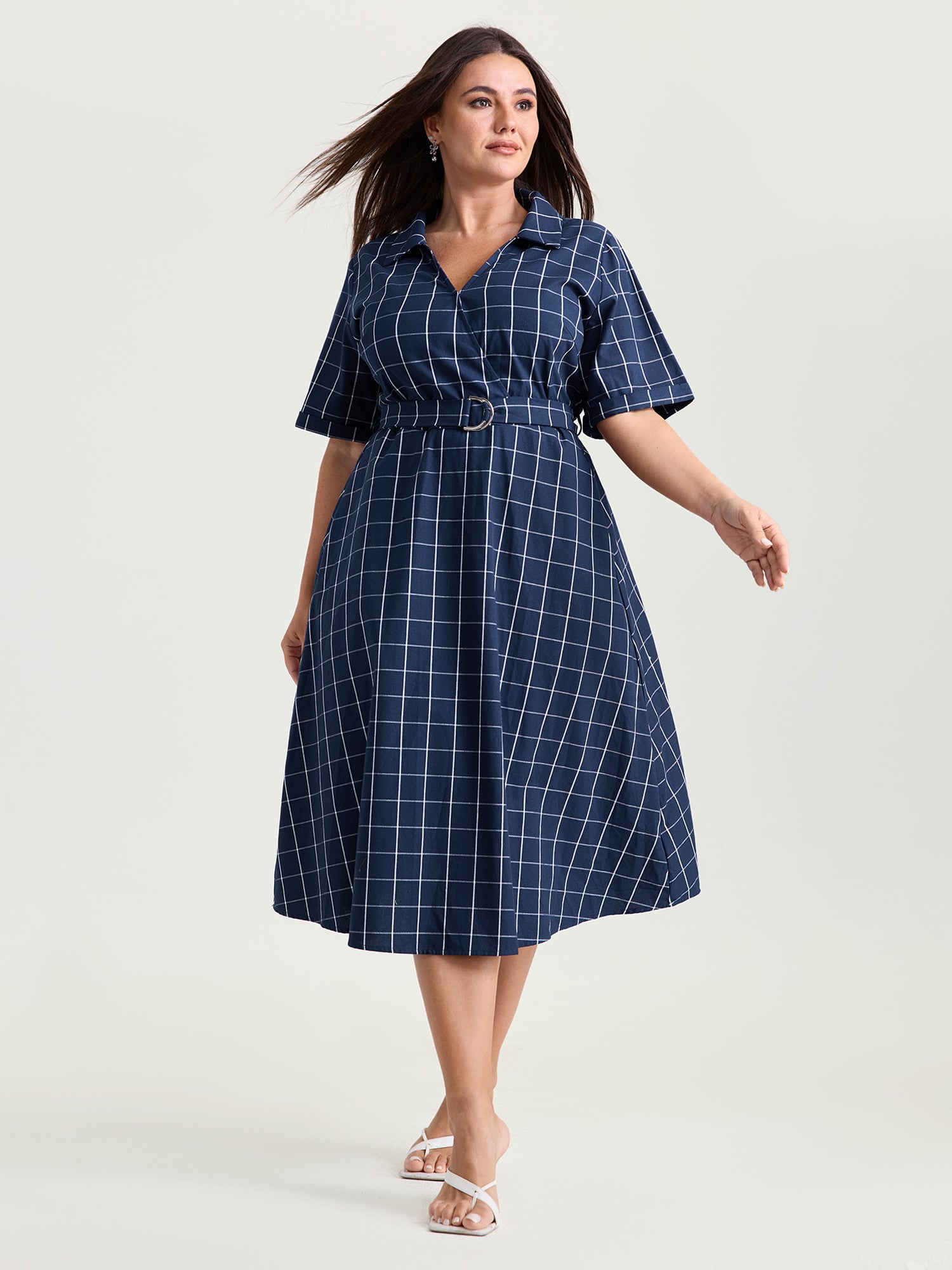 Cotton Checked Print Wrap Neckline Belted Midi Dress