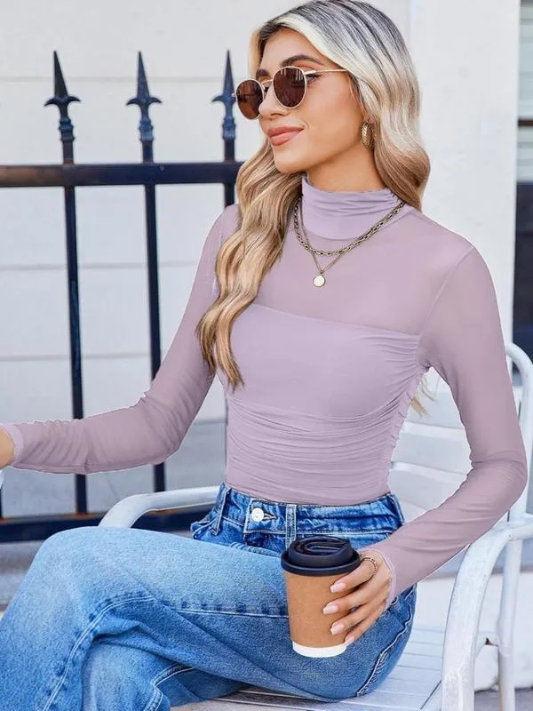 Women's Plain Round Neck Sheer Mesh Patchwork Long Sleeve Sexy Top