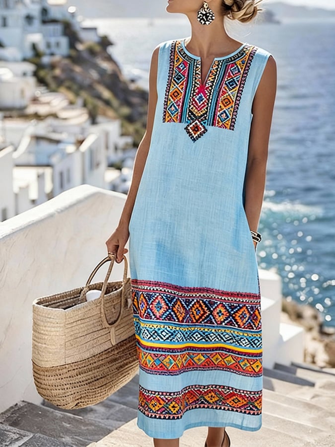 Women'S Casual Color-Block Cotton And Linen Dress- Fast Shipping