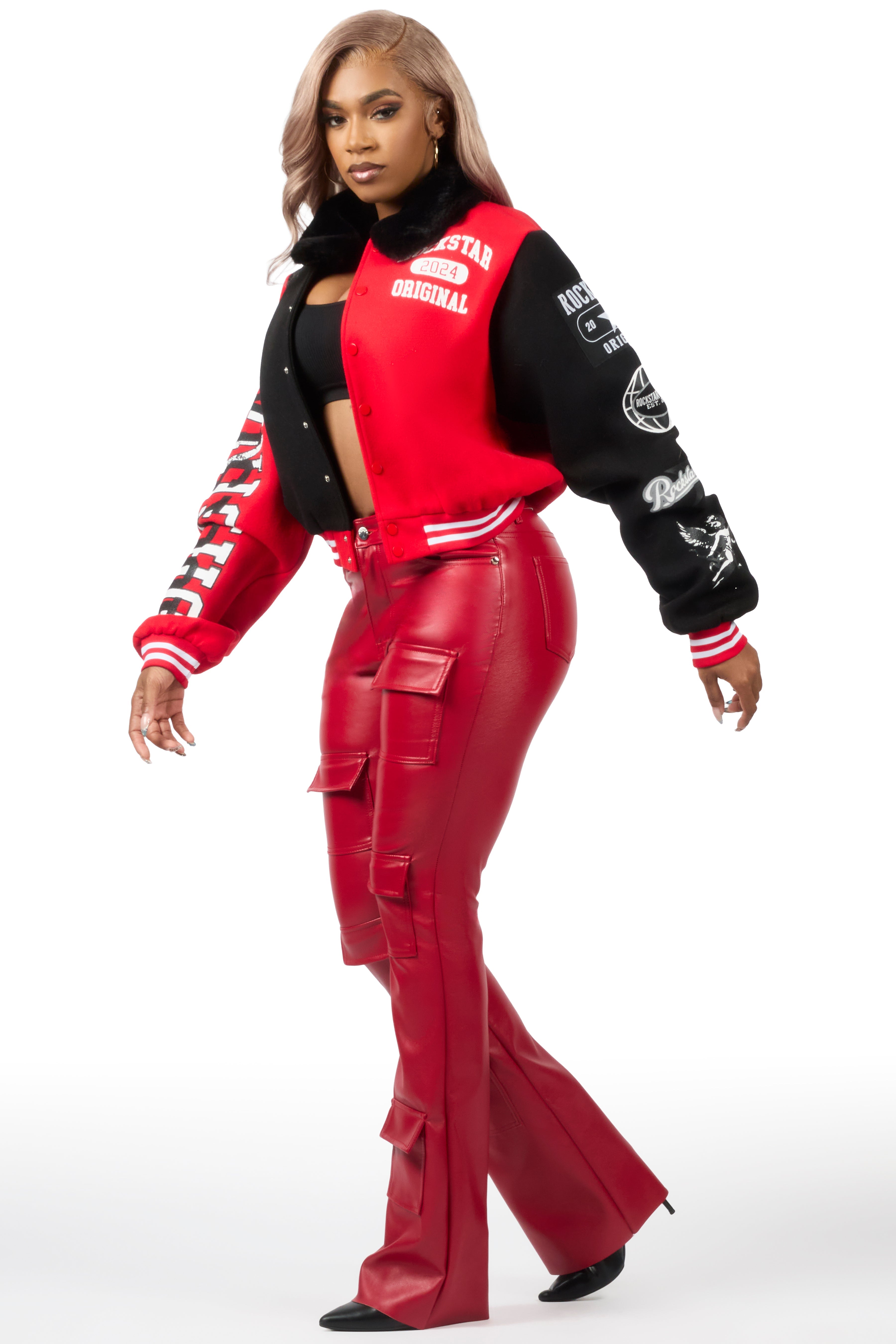 Kisha Black/Red/White Fur Collar Varsity Jacket