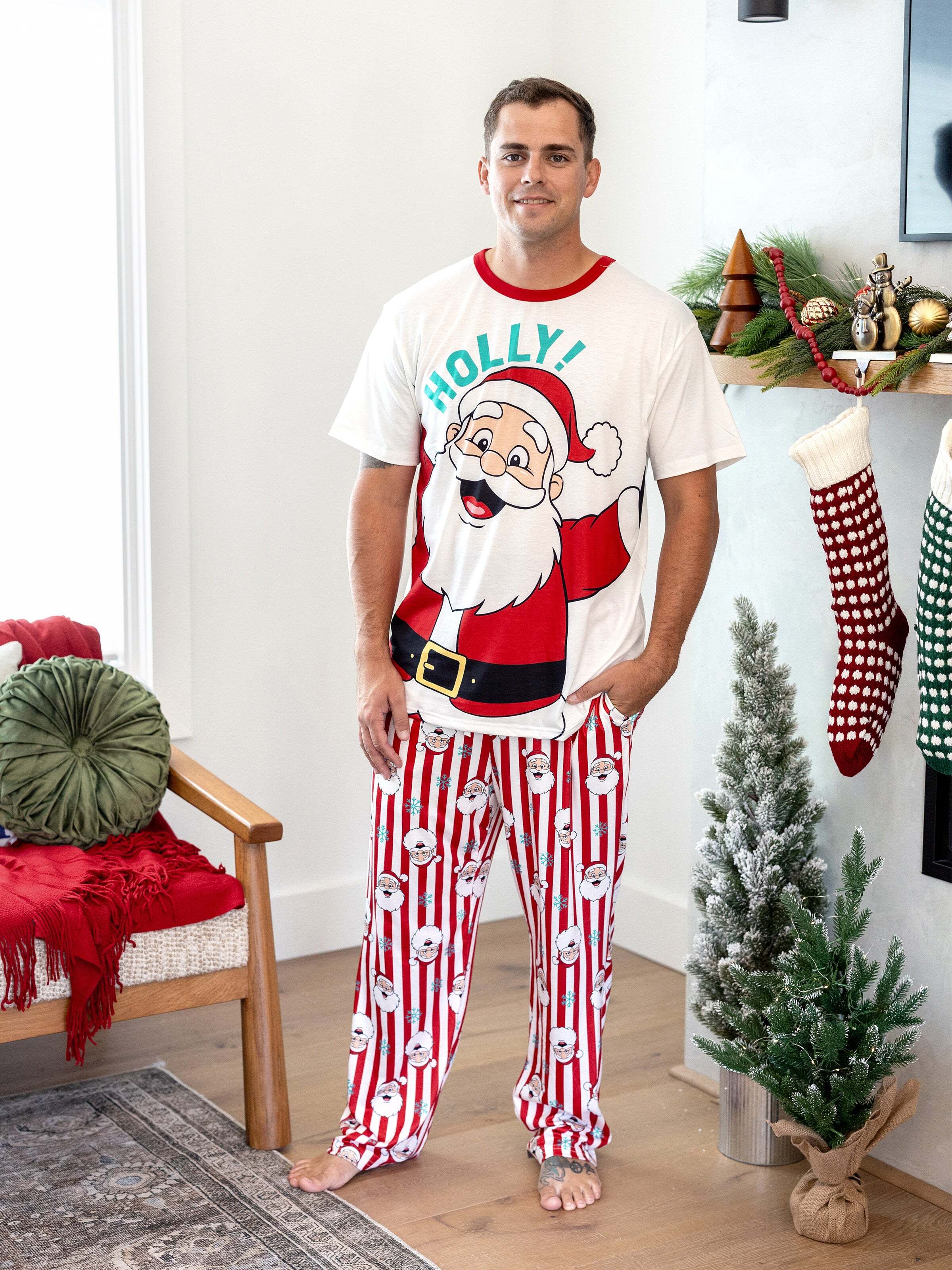 Christmas Matching Family Pajamas Set Santa Claus and Snowflakes Red Stripes PJS Red