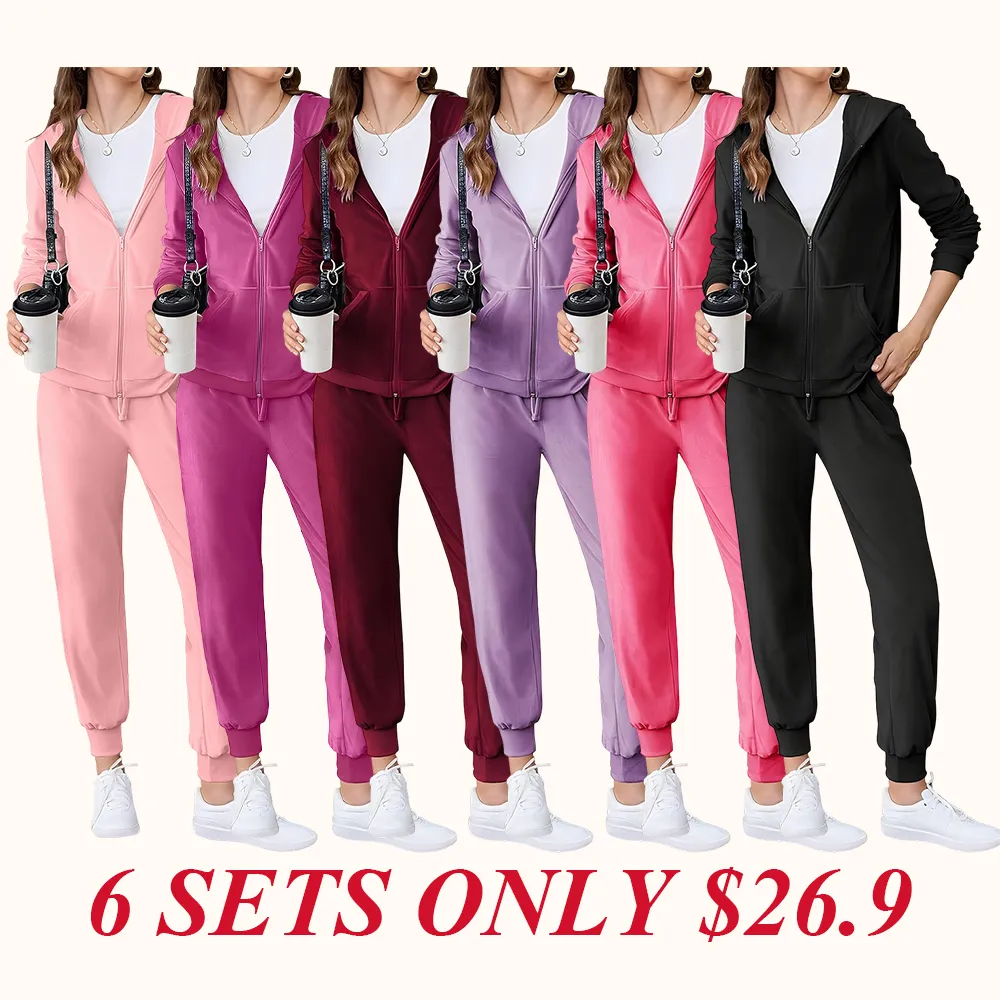 Women's Casual Velour Tracksuit Set Full Zipper Hoodie