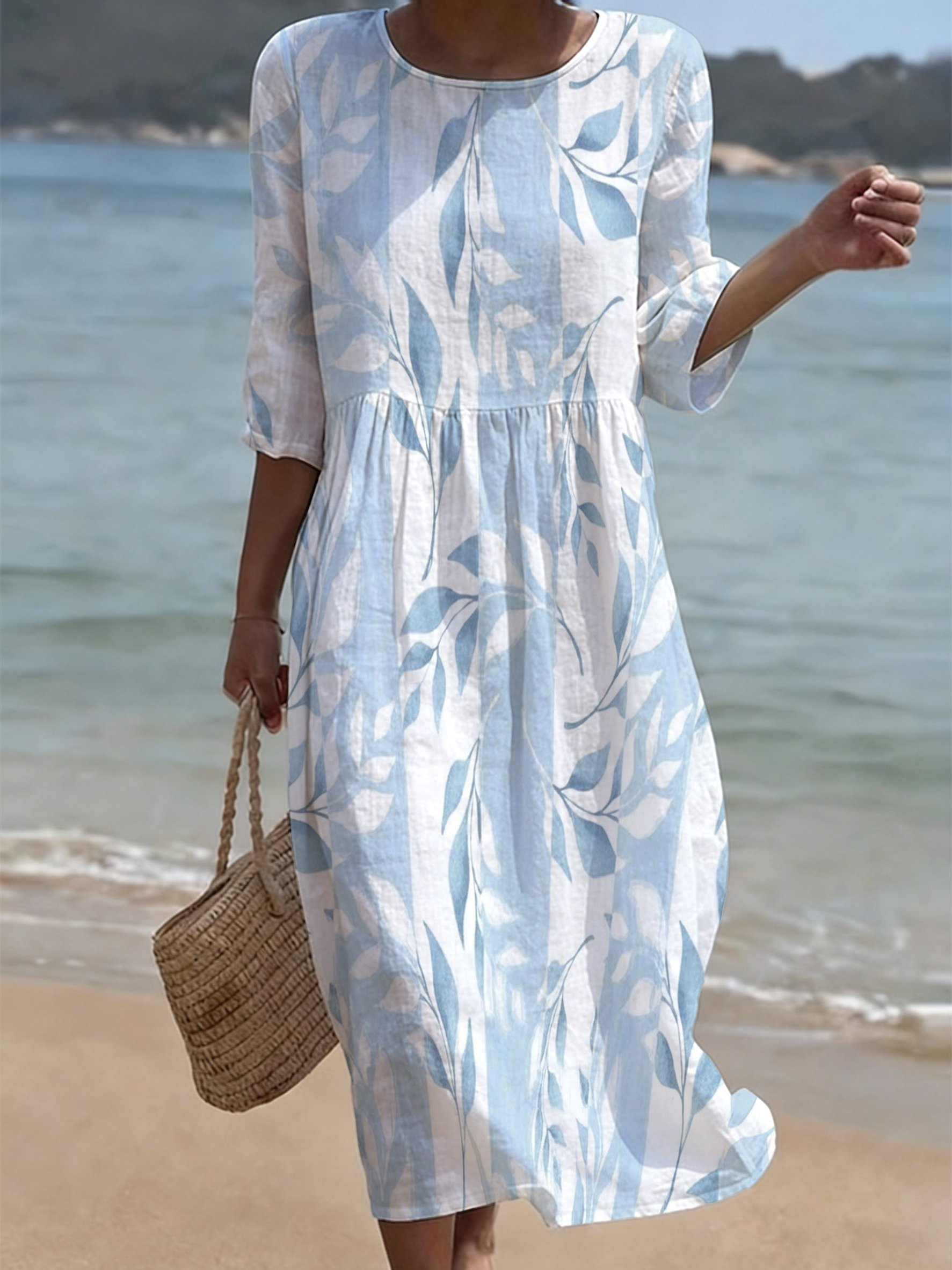 Women's Casual Solid Color Round Neck Mid-Sleeve Floral Print Cotton Linen Dress- Fast Shipping
