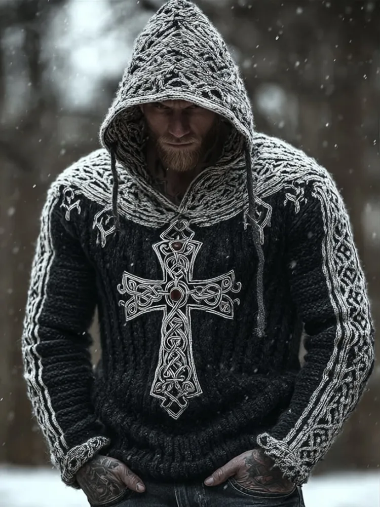 Men's Viking Style Celtic Cross Hooded Sweater