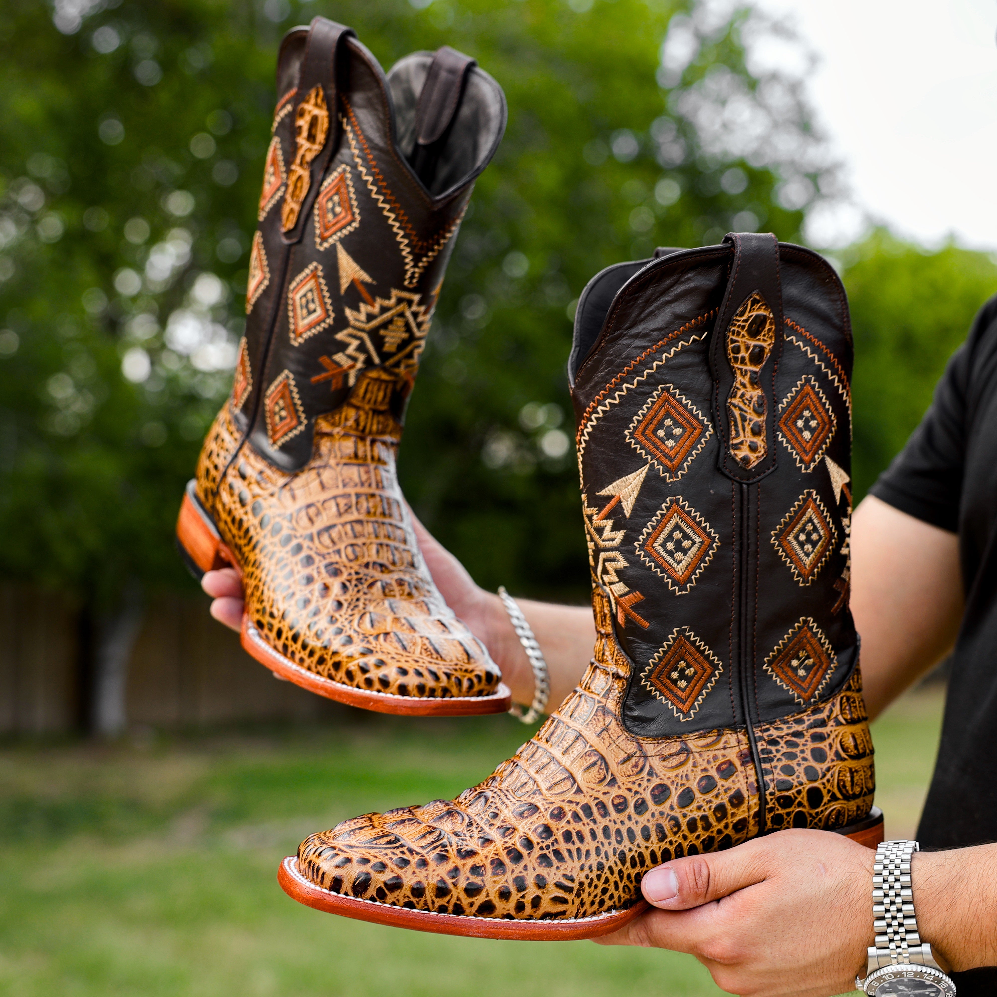 Honey Caiman Neck Leather Boots - Square Toe