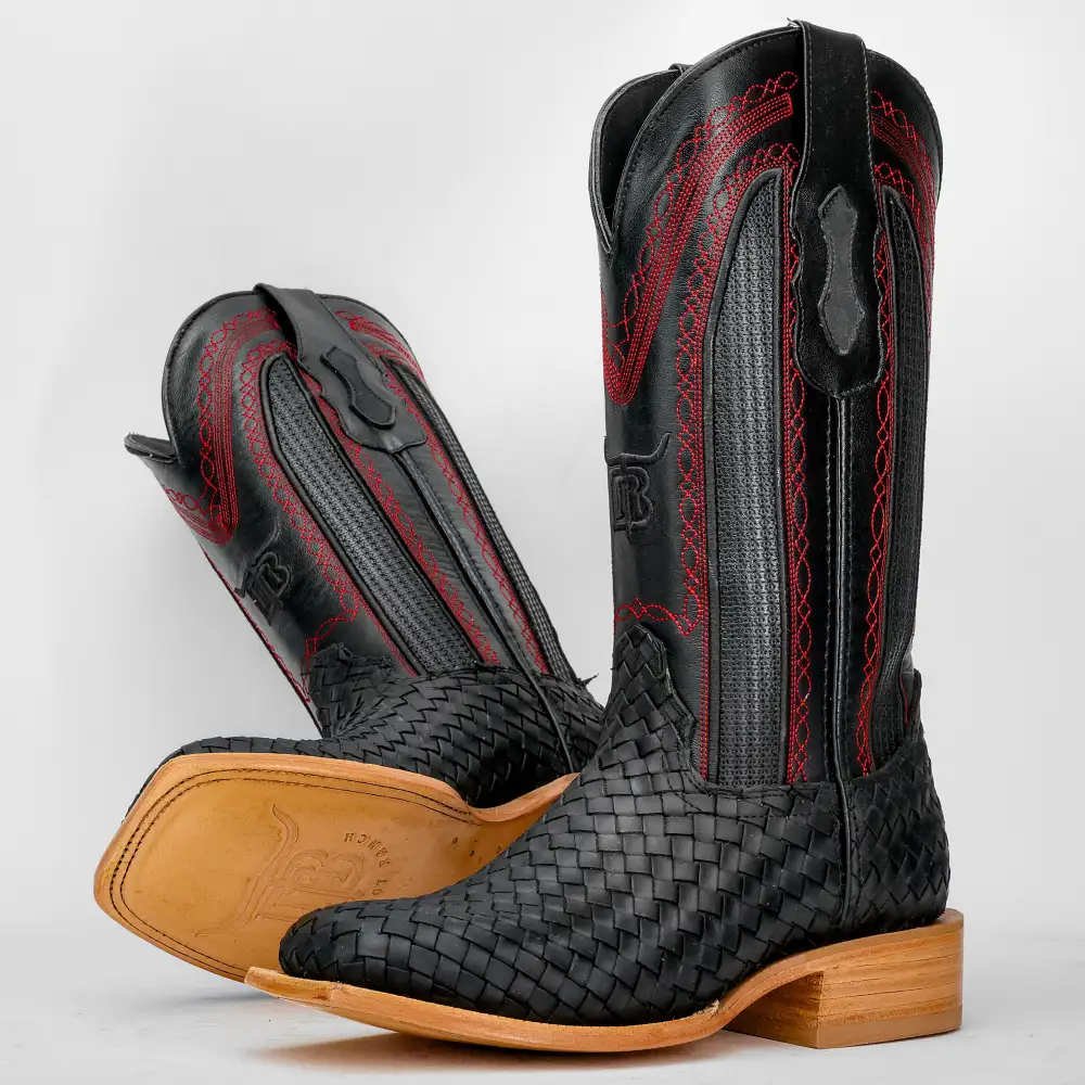 Black Basketweave Leather Boots - Square Toe