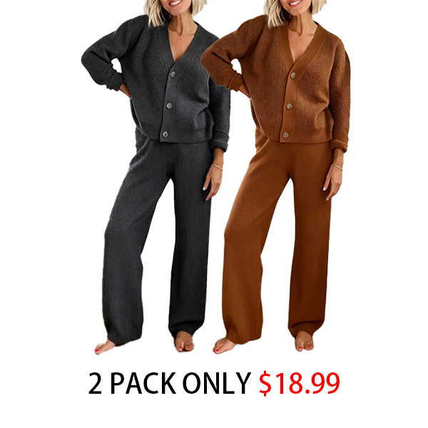 Last day discount- 50% OFF Solid Textured Knit Button Cardigan & Pants Set