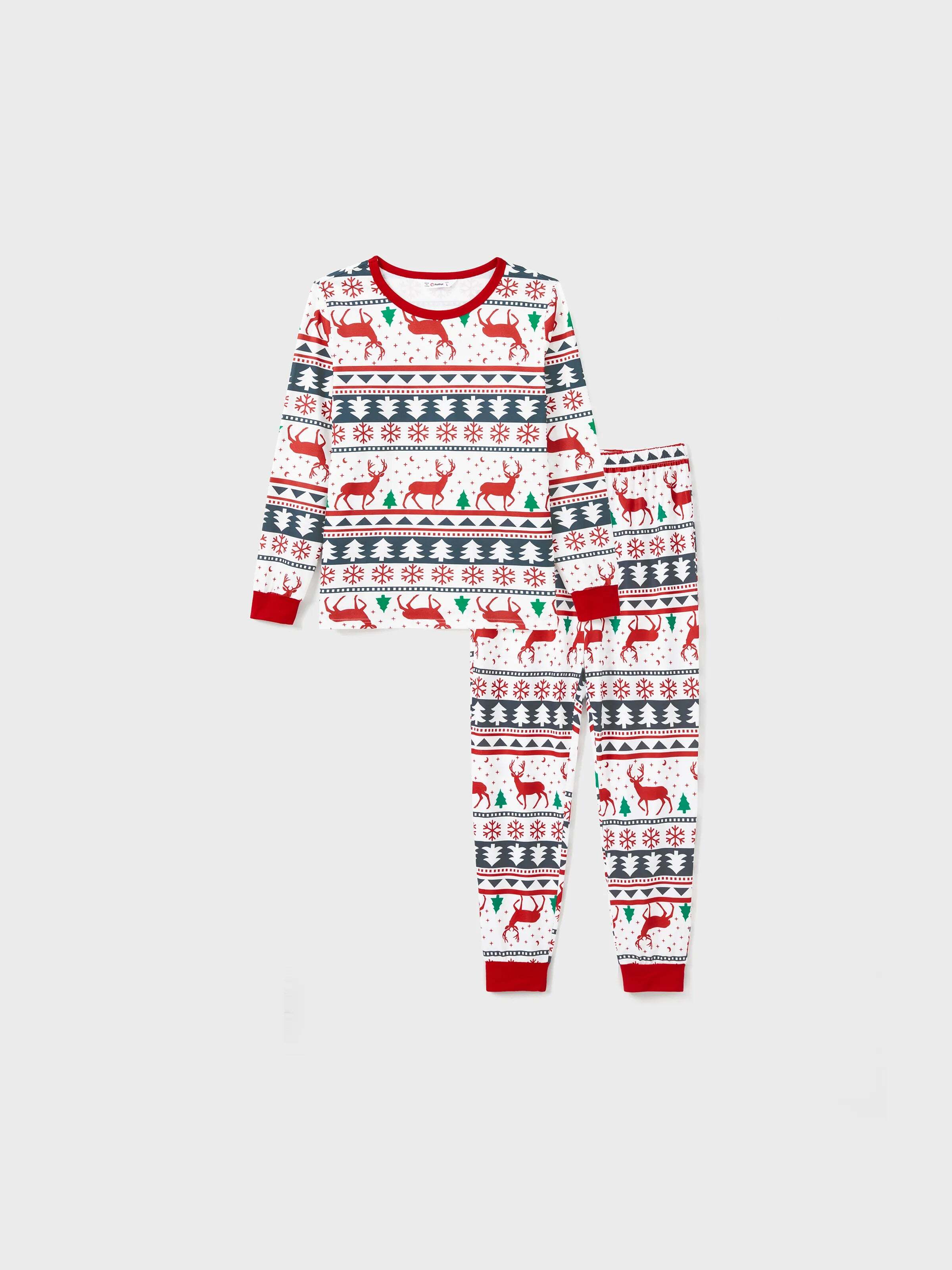 Family Christmas Pajamas All Over Reindeer Print Long-sleeve with Christmas Socks (SGS Certied Safety) Red+White