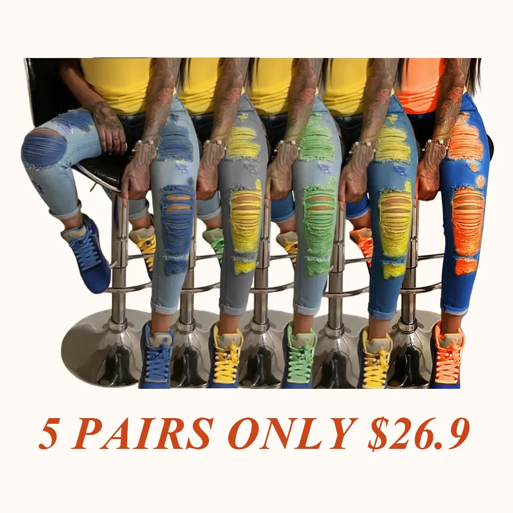 Women's Fashion Yellow Ripped Distressed Skinny Jean Slim Fit Denim Pants