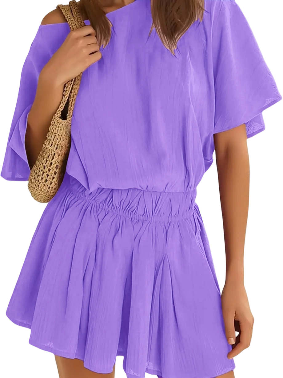 Women’s Casual 2 Piece Outfit Short Sleeve Loose Top and Flowy Mini Skirt Set