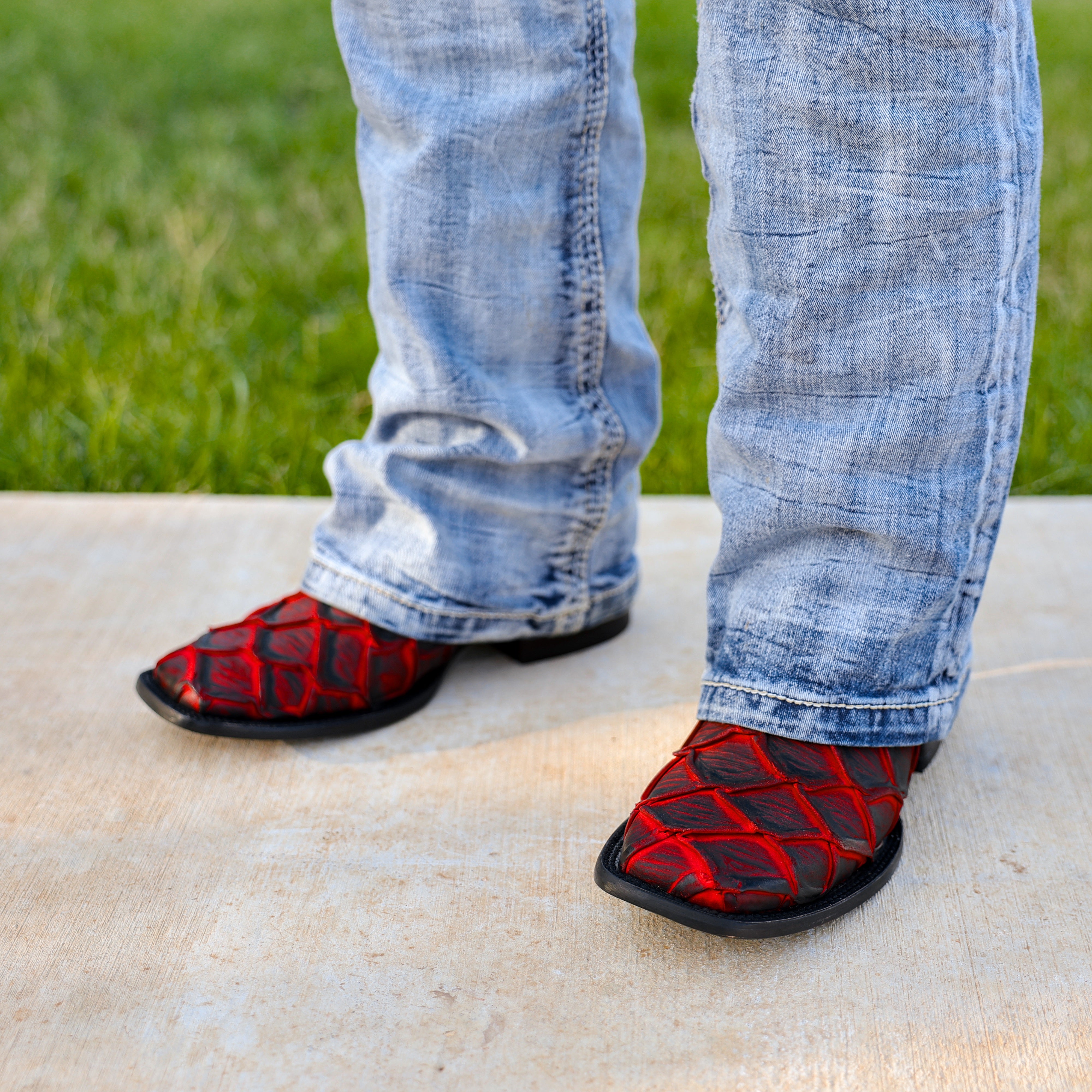 Matte Rustic Black Cherry Pirarucu Leather Boots - Square Toe
