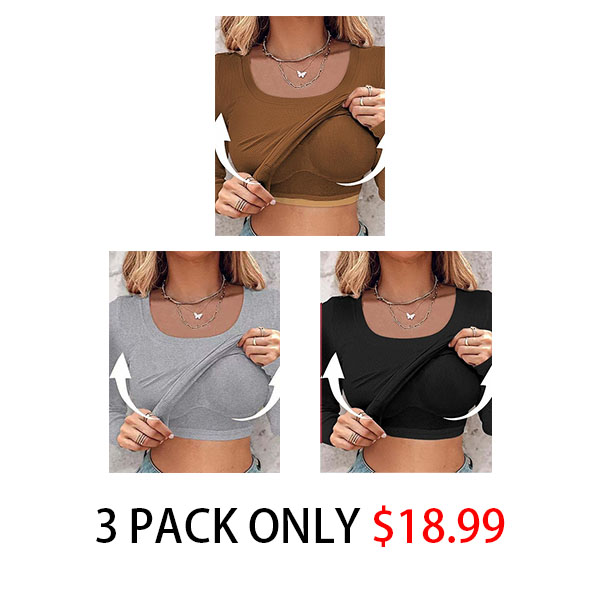 🍂🔥Womens U-Neck Built-in Bra Long Sleeve Ribbed Top Shirts Elegant Skinny Fit Fabric
