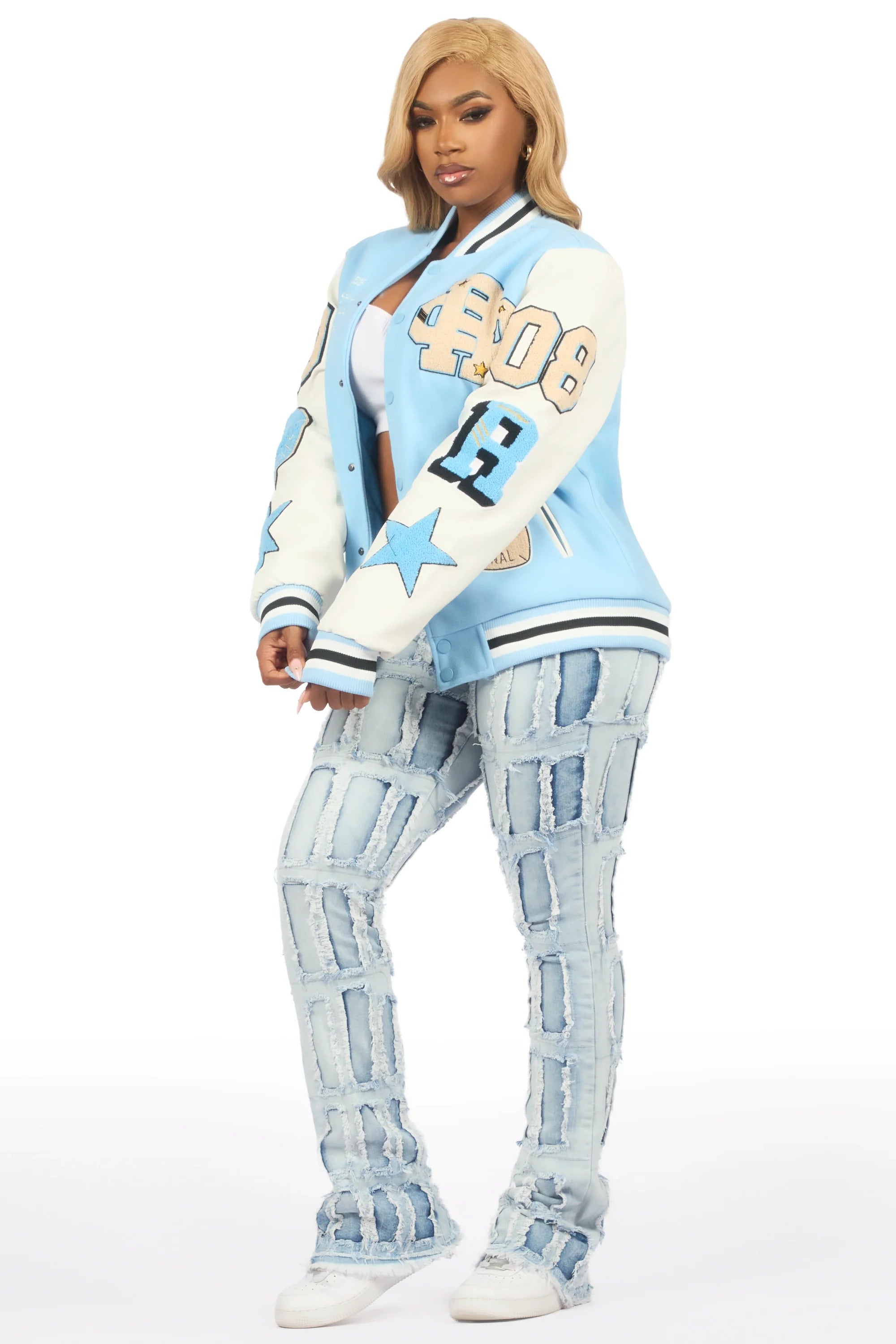 Adrienne Baby Blue Oversized Varsity Jacket