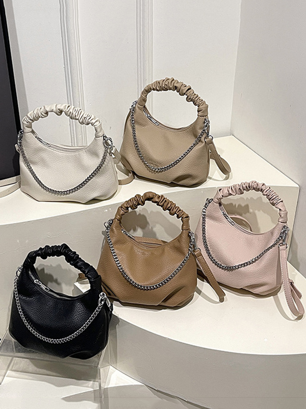 Chains Pleated Solid Color Zipper Handbags Crossbody Bags