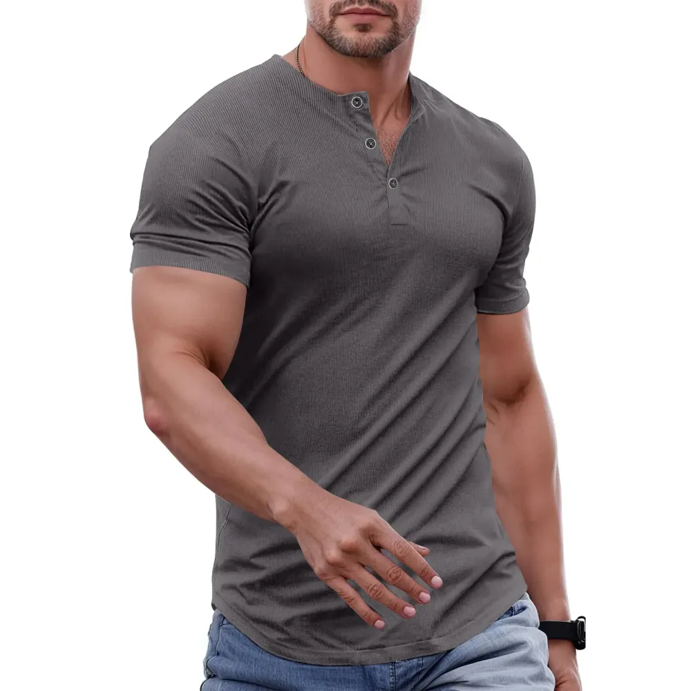 Men's solid color slim-fit Henley neck T-shirt