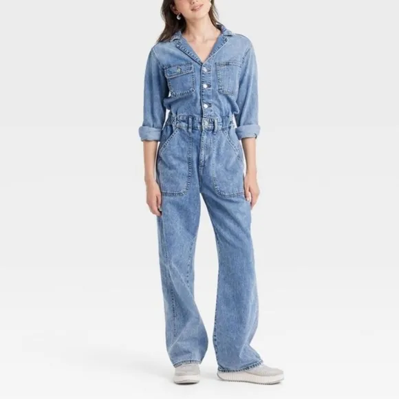 Women's Long-Sleeve Baggy Utility Denim Jumpsuit