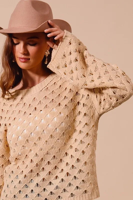 Geometric Pattern Open Knit Lightweight Sweater