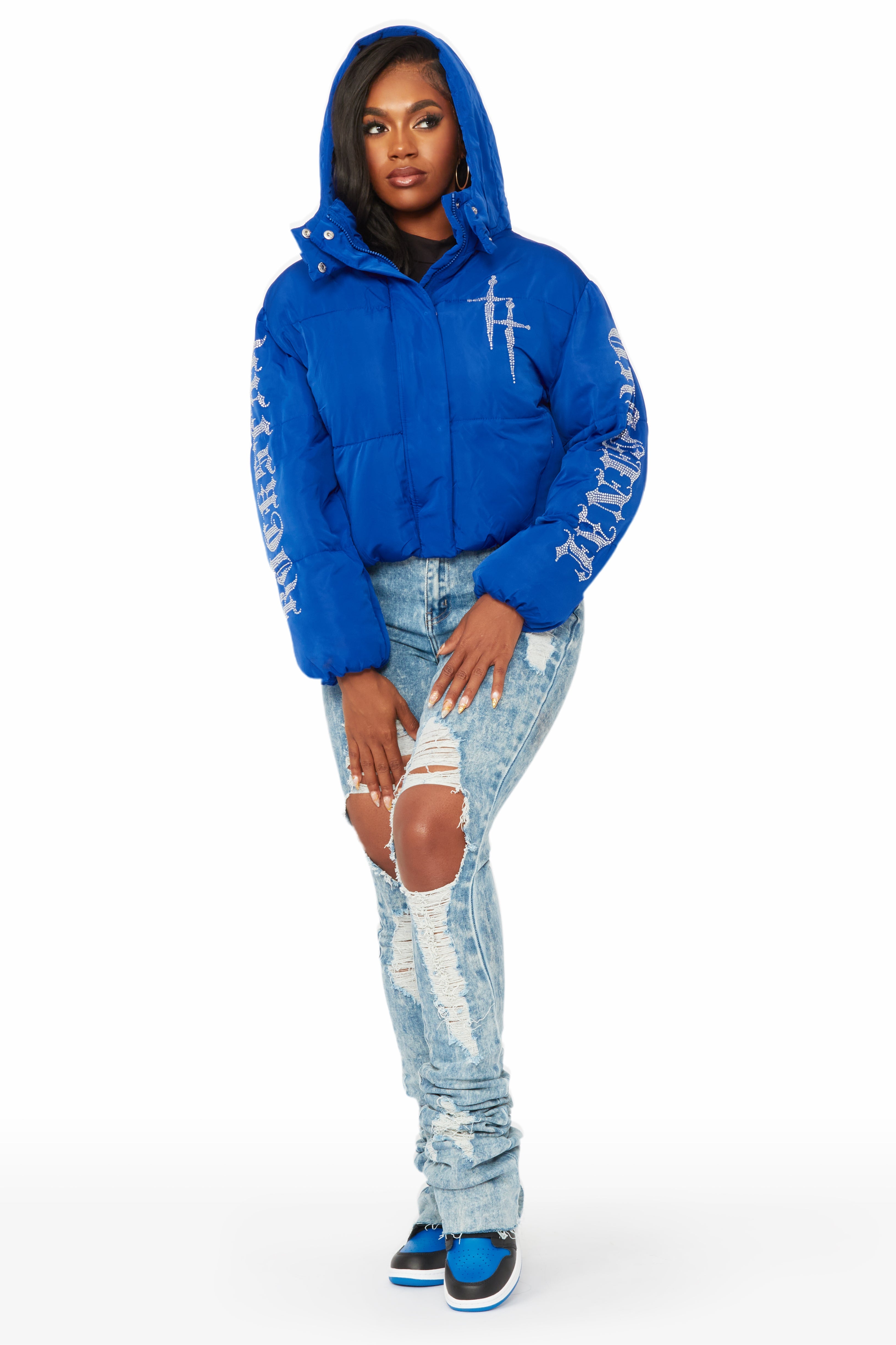 Kalisha Royal Blue Rhinestone Puffer Jacket