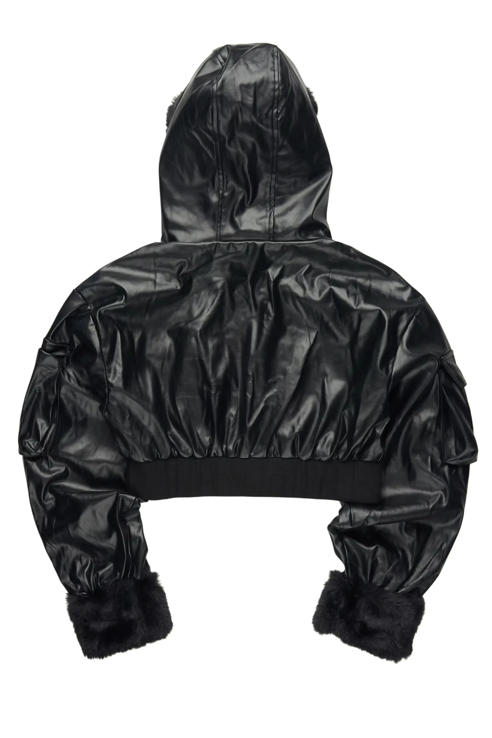 Amyia Black PU Jacket With Fur Hoodd