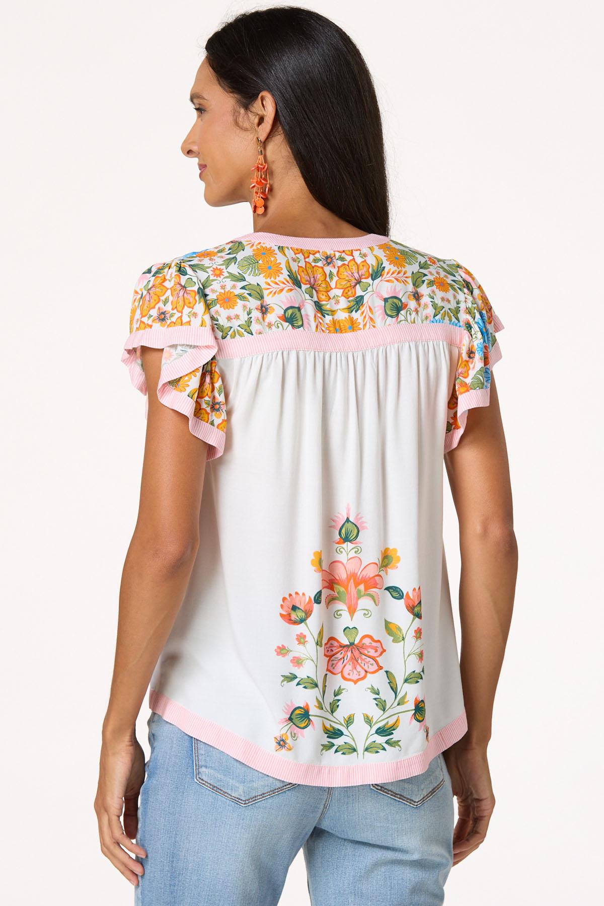 Floral Print Stripe Trim Top