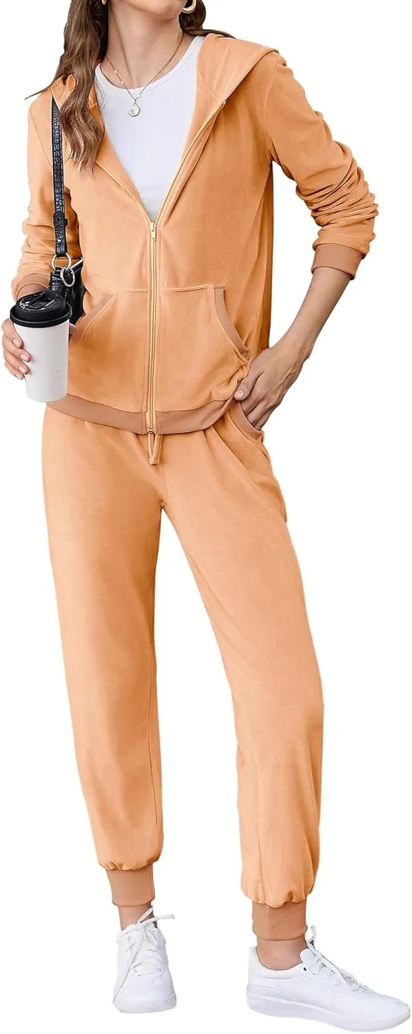 Women's Casual Velour Tracksuit Set Full Zipper Hoodie