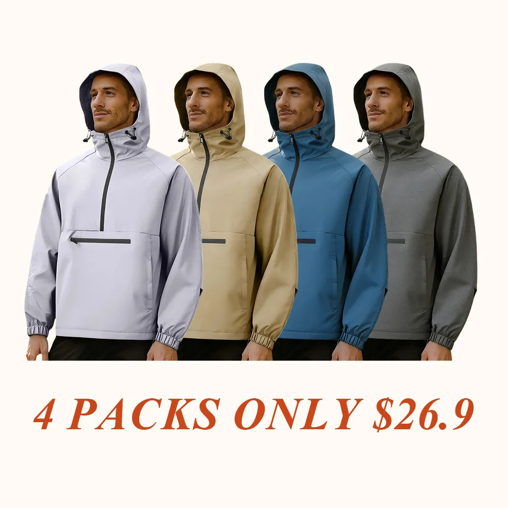 One black half-zip pullover with hoodie, outdoor camping style, large pockets, made of stain-resistant fabric