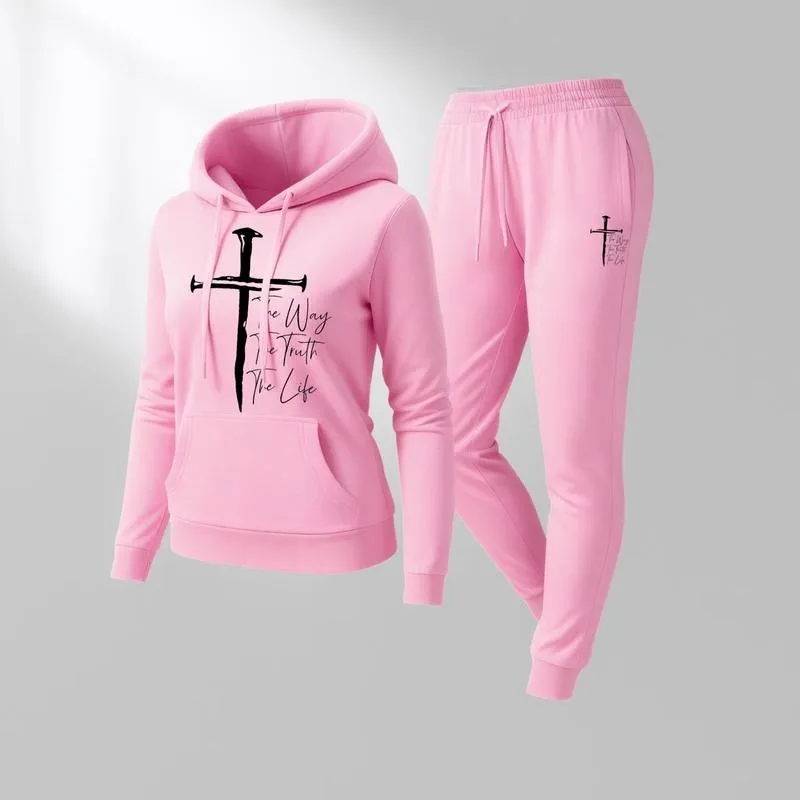 Women's Jesus on the Cross Print Hoodie And Drawstring Track Pants Set