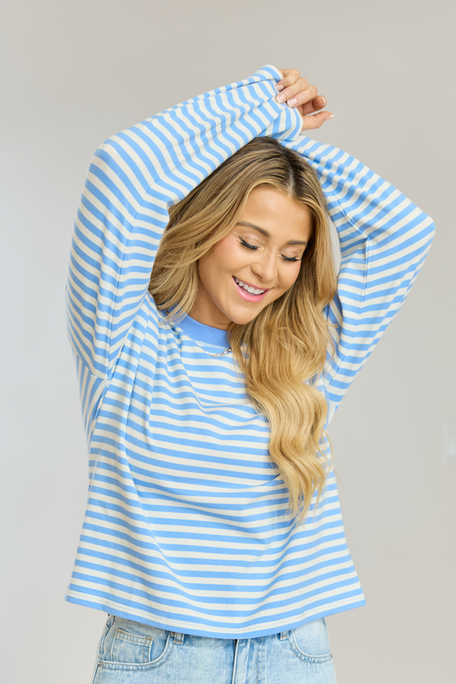 Nylah Blue Striped Long Sleeve Crewneck Top