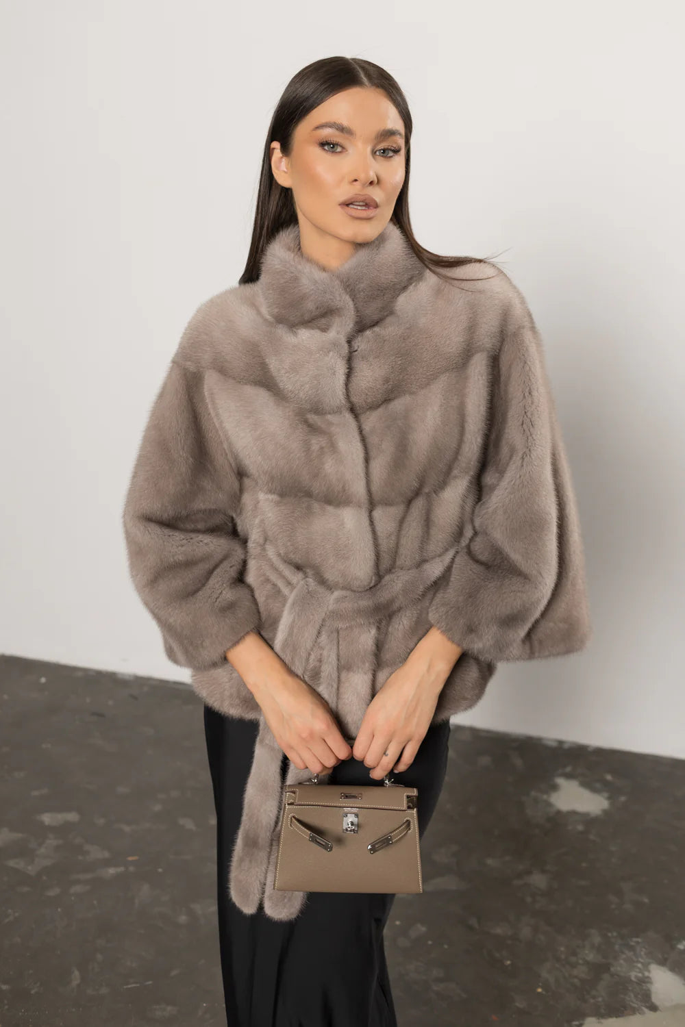 Haină din Blană Naturală de Vizon, cu Cordon, Femei, Silver Blue 406